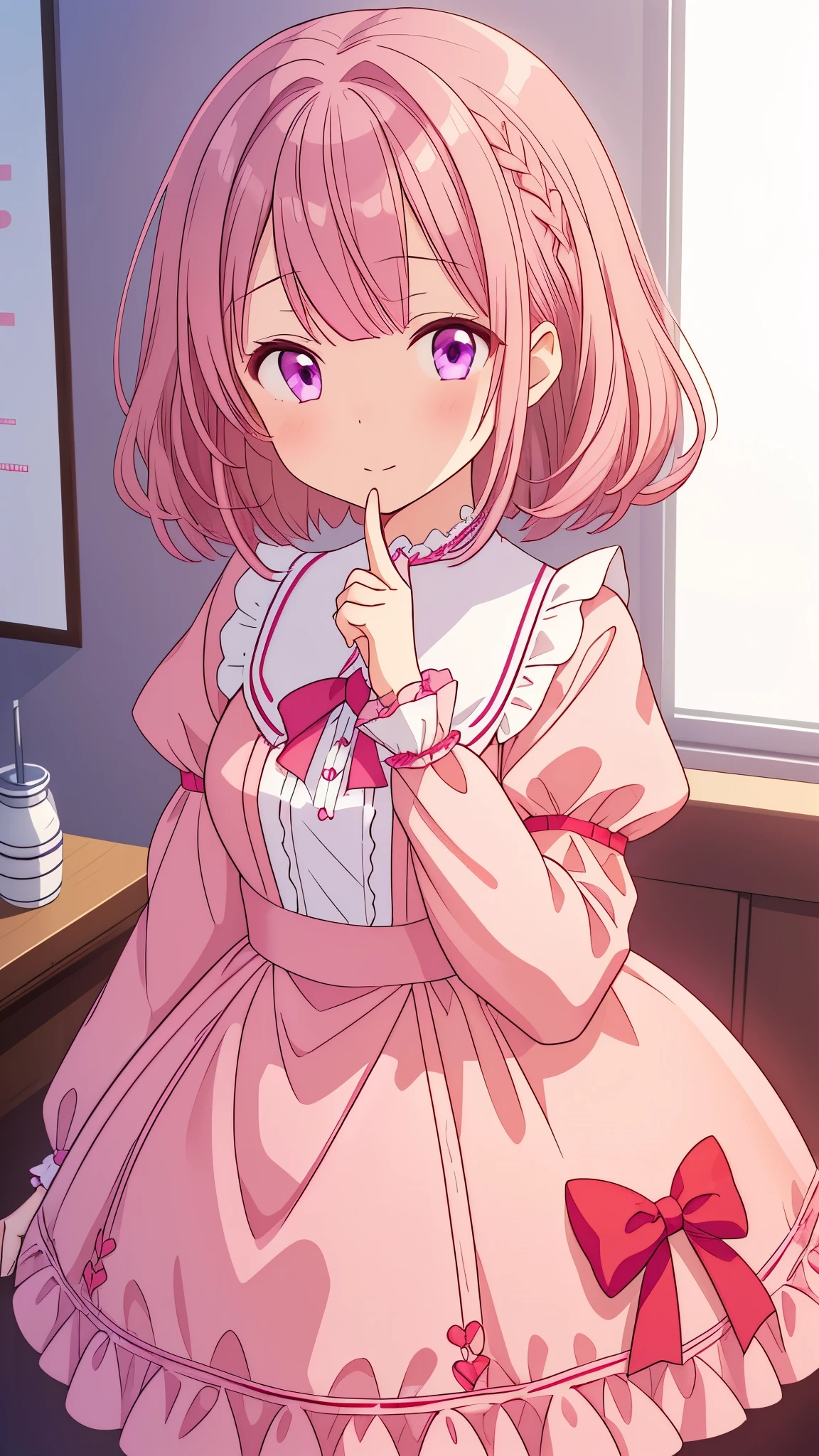 One girl, frilled pink dress, (Sleeves are longer than the wrist, Sleeves are longer than your fingers), Moe sleeves, Yay, Cute Face, Pink Hair, Purple eyes. 1 boy, Office Suits, Brown Hair, Red eyes