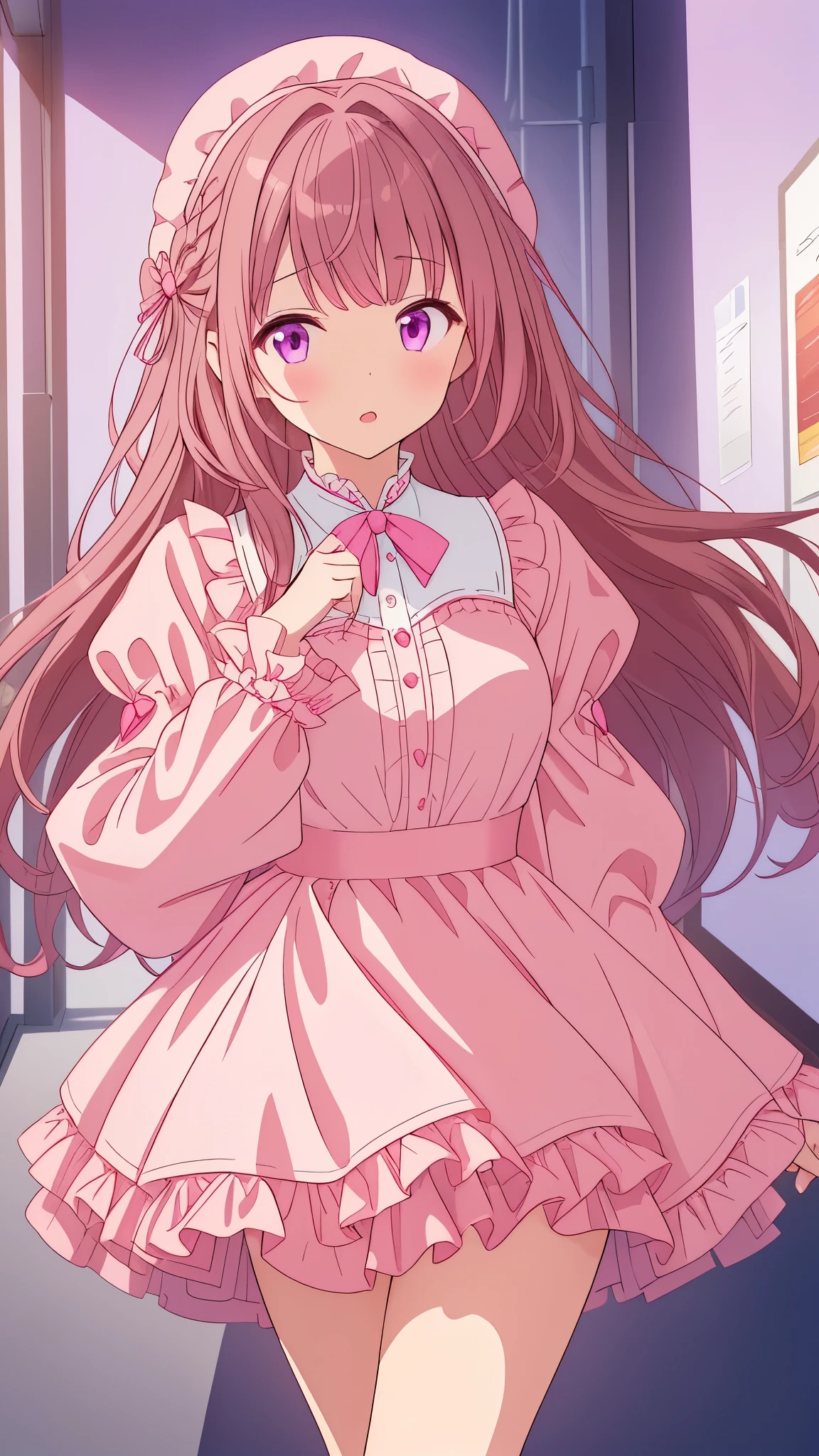 One girl, frilled pink dress, (Sleeves are longer than the wrist, Sleeves are longer than your fingers), Moe sleeves, Yay, Cute Face, Pink Hair, Purple eyes. 1 boy, Office Suits, Brown Hair, Red eyes