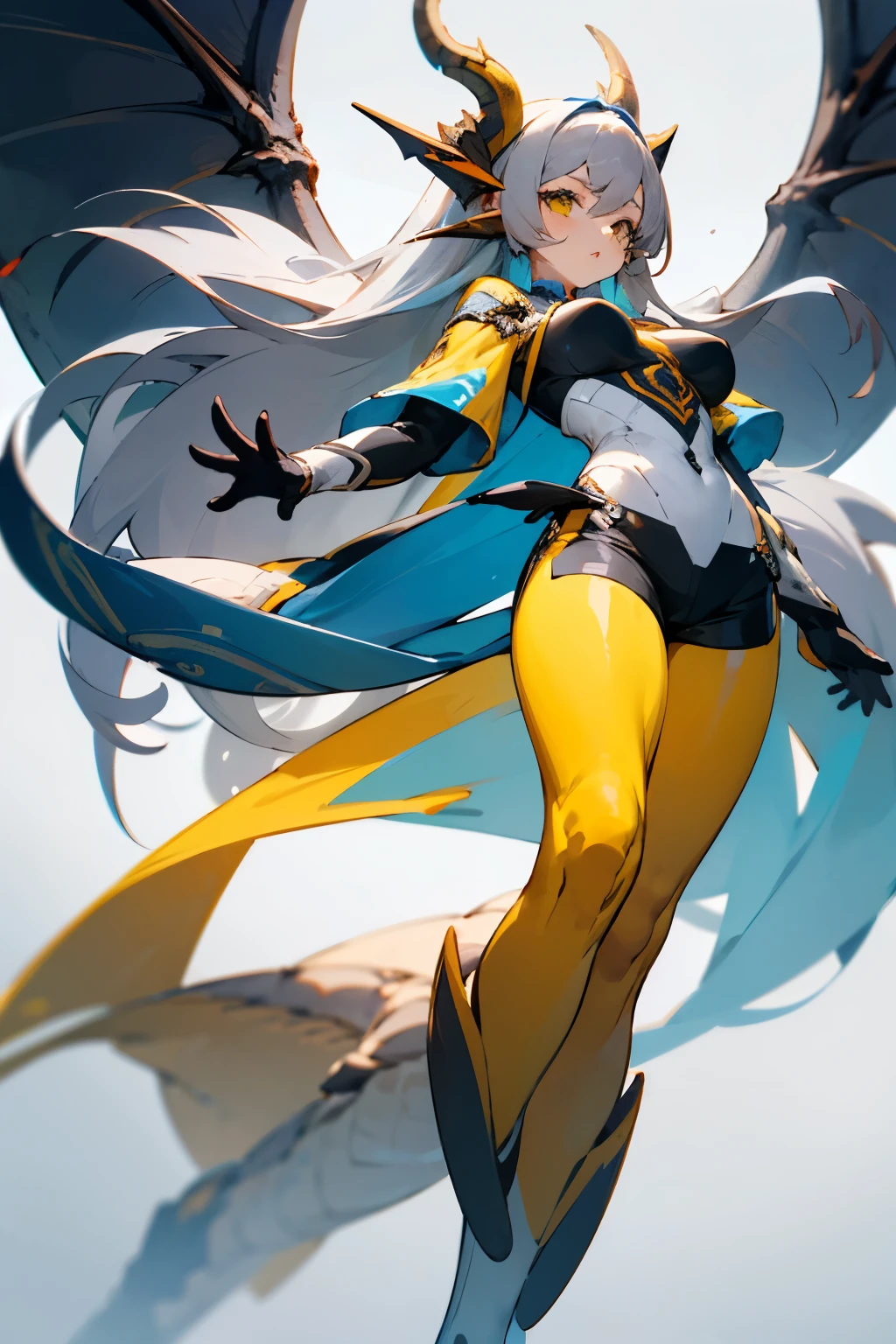 Girl with Dragon God Motif、Hero Costumes、Shorts、Thick、beautiful、Gray hair straight long、White base、White and black and yellow and light blue、technology、technologyを使用したような衣装、Cool Costumes、Clothes that make it difficult to see your body lines、Great arms