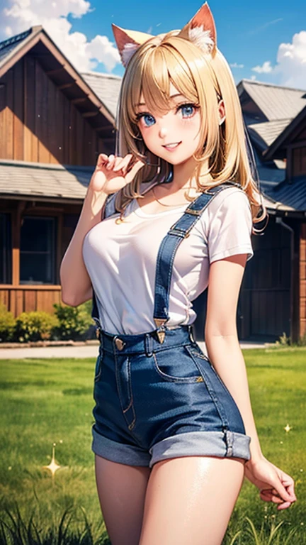 A girl is posing for a photo, cute女の子, Enchanting girl, 

(Blonde, asymmetrical hair, floating hair), (Red eyes), 
(Shiny Blue Overalls:1.2、Shorts、White T-shirt:1.4、sneakers, kemonomimi mode, Cat ears, Cat&#39;s Tail)、thick black choker、Red Gem Earrings、Gold Necklace、Gold Bracelet、

(((highest quality)), ((masterpiece)), (Very detailed), (High resolution), (Beautiful detailed sparkle), (High detail), (Anatomically correct)), ((Realistic)), ((The best CG)), Ultra-detailed art, CG illustration, 16k, 1080P, Oil paints:1.2,   

(((One Woman))), 
(Symmetrical facial features, Perfect Face), Beautiful clavicle, (Beautiful fingers), (Beautiful breasts, (Ｃcup)), 
Beautiful body, Beautiful thighs, Beautiful feet, Perfect round butt, (((Detailed skin, Oily skin, Textured skin, Beautiful Skin))), 

(((, cute, 16 years oopy eyes, Expression of fine eyes, Beautiful and delicate eyes, Sparkling eyes, Eye Reflexes), 
(Beautiful Nose,Thin Nose), 
(Glossy Lips, Beautiful Lips, thick lips), 

(Beautiful Hair, Shiny Hair, Shiny Hair), Hair fluttering), 

(smiley, laughing, blush),  
BREAK 

(noon、(Vast grassland, Log house)), ((Standing under the blue sky, Upward glance, Cowboy Shot))
