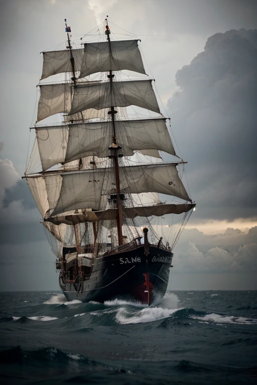 a sailing ship sails on the sea in a light storm