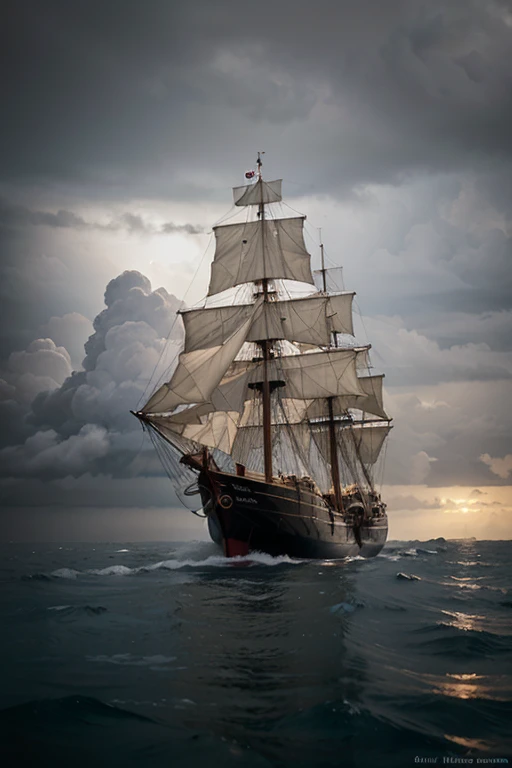 a sailing ship sails on the sea in a light storm
