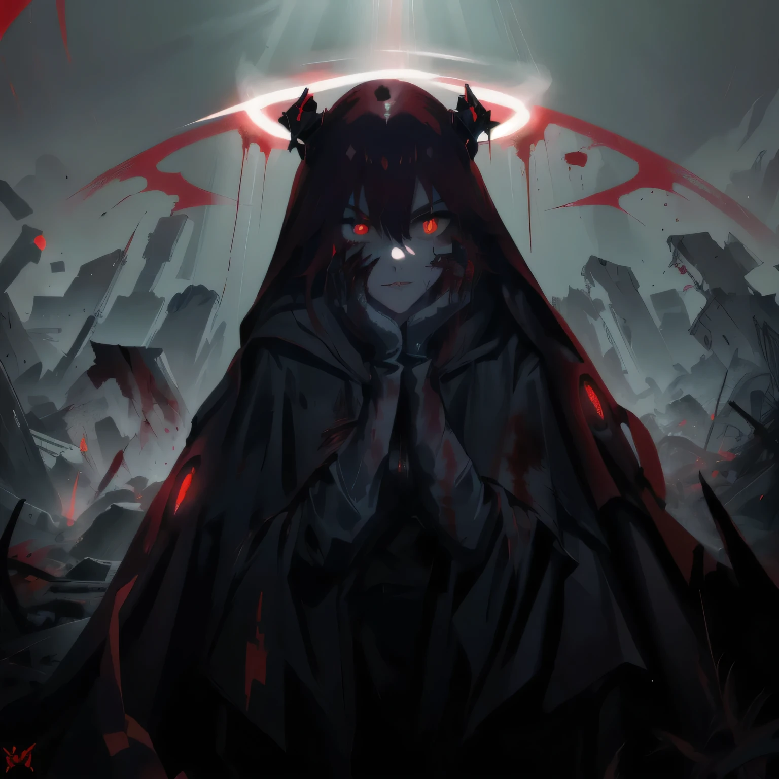 arafed image of a woman with a red cape and a halo, with red glowing eyes, with glowing red eyes, blood dripping from eyes, gapmoe yandere grimdark, red glowing eyes, fully red eyes, his eyes are bleeding intense, blood red eyes, with red eyes, his eyes are red and glowing, eyeless watcher, no face, thoughtful look while supporting his jaw with his hand.