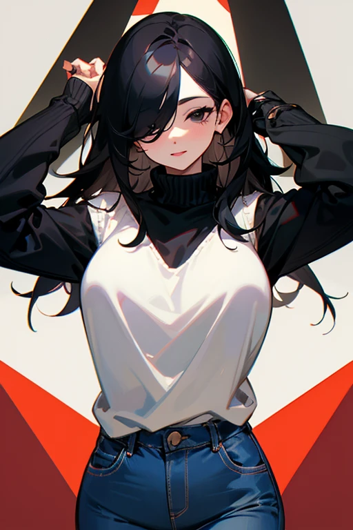 score_9, score_8_up, score_7_up, Middle-aged woman, milf, mature woman, black eyes, long black hair, hair over one eye, white sweater ,Skinny jeans