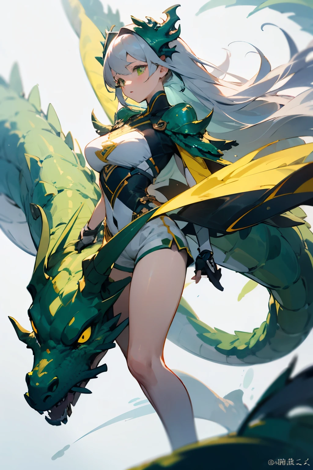 Girl with dragon motif、Hero Costumes、Shorts、Thick、beautiful、Gray hair straight long、White base、White and black and green and yellow and light blue、technology、technologyを使用したような衣装、Cool Costumes、Great arms