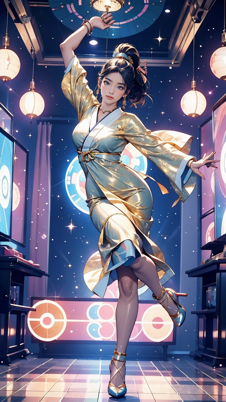 24 year old Japanese woman、One-length bodycon style from the 90s bubble era、Dancing at a disco、A mirror ball shines overhead、smile、erotic、Wearing high heels