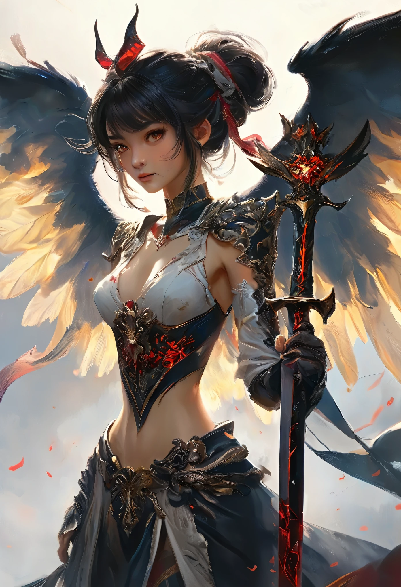 (best quality,4k,highres,masterpiece:1.2),ultra-detailed,(realistic,photorealistic:1.37),(highest quality), (detailed), Light Layer, Shiny skin, (intricate detailed, Tight clothes, Devil's Wings, hair ornaments:1.2), From above, Black Hair, Black choker, Long Hair, Hime cut, woman, Blunt bangs, Side Lock, Red eyes, Holding a walking stick,Holding a scythe,Holding a sword, (young woman:1.1), Side Ponytail (Simple Background:1.1),
