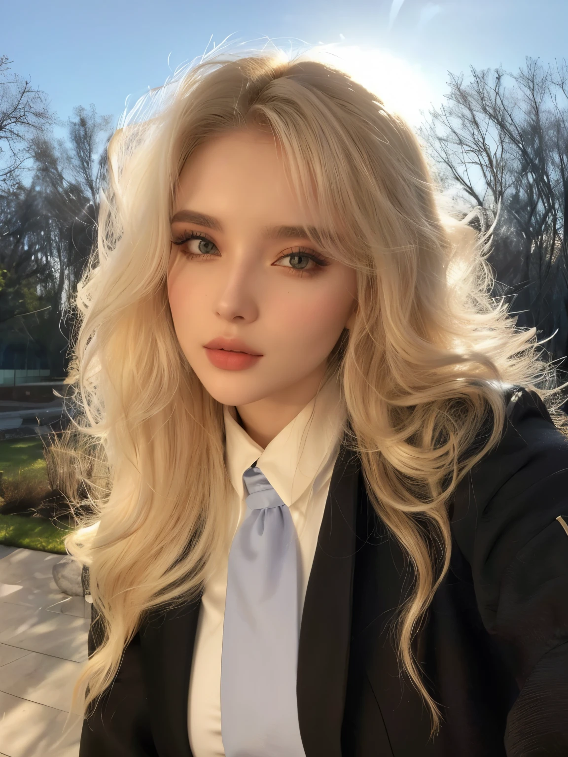mulher loira com gravata azul e jaqueta preta posando para uma foto, Yelena Belova, pele clara cabelo loiro cacheado, Anna Nikonova aka Newmilky, Irina Nordsol Kuzmina, garota de terno, uma garota com cabelo loiro, Anastasia Ovchinnikova, Olya Bossak, garota de terno, retrato de Kim Petras