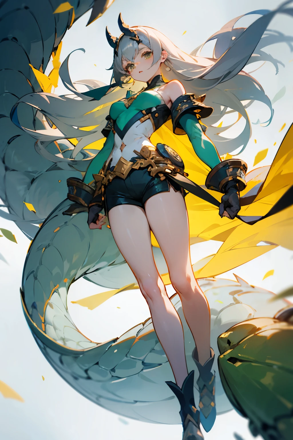 Dragon motif、Hero Costumes、Shorts、Thick、beautiful、girl、Gray hair straight long、White base、White and black and green and yellow and light blue、technology、Great arms