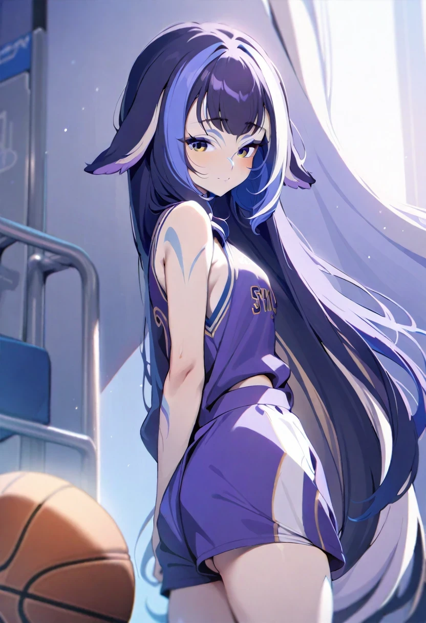 (shylily/(Twich/):1.5),(masterpiece:1.2),(best quality:1.2),1 girl standing, Wearing a basketball jersey, Very detailed, Practical, Ball, 27 years old, long hair