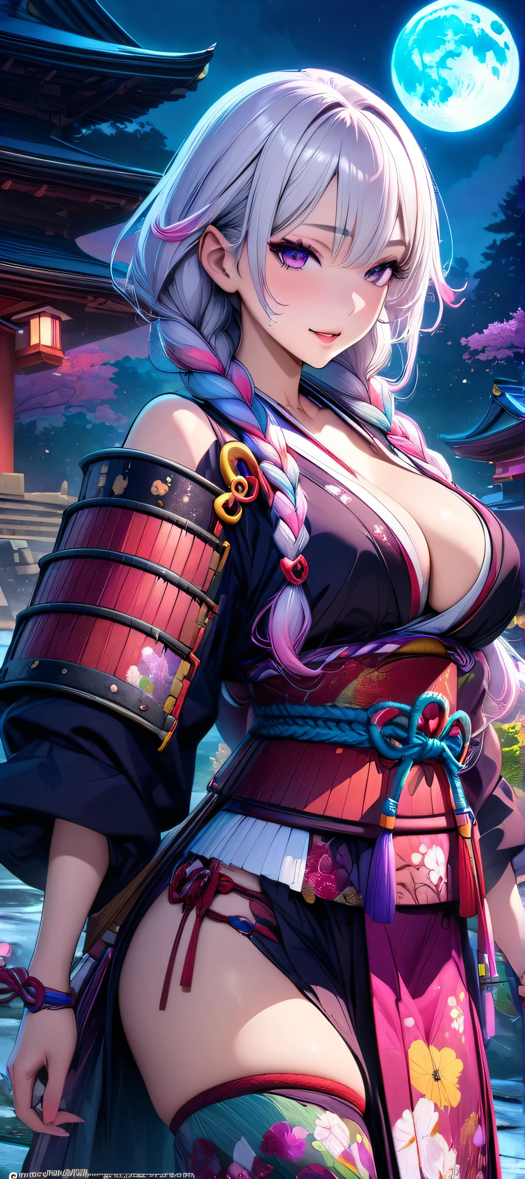 (masutepiece, of the highest quality, Best Quality, Official art, Beautiful and aesthetic:1.2), Extremely detailed,(Colorful:1.1),highest details, one arafed woman with braids white hair and pink tips and purple eyes, big breast, sfw, japanese armor, night, big blue moon, japanese temple