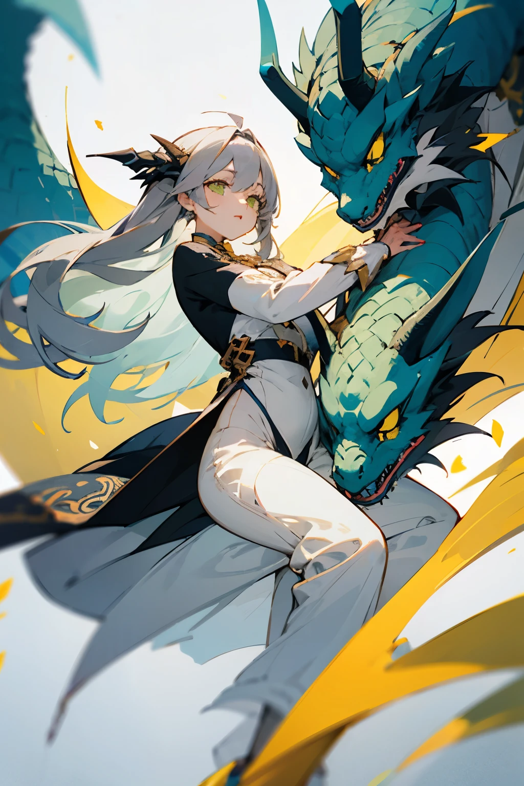 Dragon motif、Hero、stylish、beautiful、girl、Gray Hair、White base、White and black and green and yellow