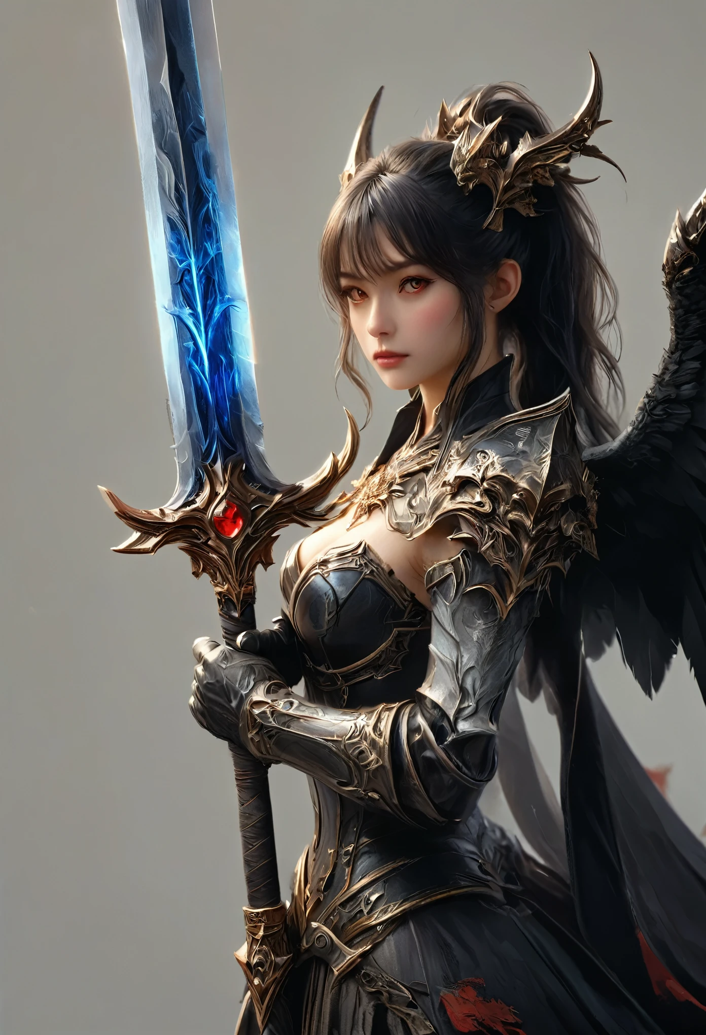 (best quality,4k,highres,masterpiece:1.2),ultra-detailed,(realistic,photorealistic:1.37),(highest quality), (detailed), Light Layer, Shiny skin, (intricate detailed, Tight clothes, Devil's Wings, hair ornaments:1.2), From above, Black Hair, Black choker, Long Hair, Hime cut, woman, Blunt bangs, Side Lock, Red eyes, Holding a walking stick,Holding a scythe,Holding a sword, (young woman:1.1), Side Ponytail  (Simple Background:1.1),  