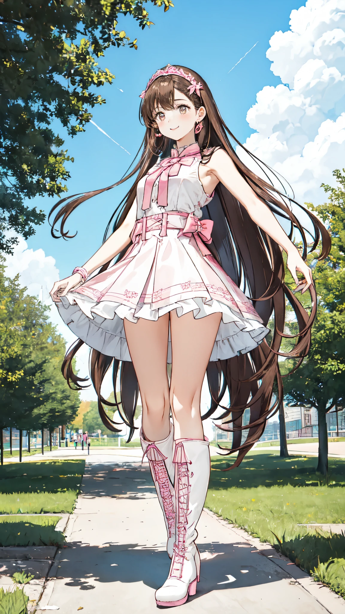 "A young idol with long brown hair and wearing a pink and white idol outfit consisting of a sleeveless top, short skirt, and knee-high boots. She is standing in a beautiful park in the background on a bright, sunny day with a blue sky and a few clouds."