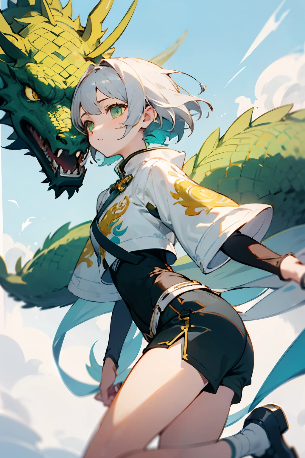 Dragon motif、Hero、stylish、Shorts、beautiful、girl、Gray Hair、White base、White and black and green and yellow and light blue