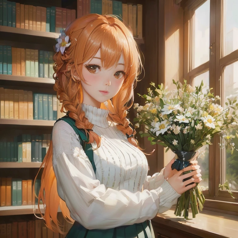 anime girl holding a bouquet of flowers in front of a window, painted in anime painter studio, with flowers, guweiz on pixiv artstation, digital anime illustration, marin kitagawa fanart, rin, guweiz on artstation pixiv, beautiful anime portrait, made with anime painter studio, detailed digital anime art, cute anime girl portrait, render of april