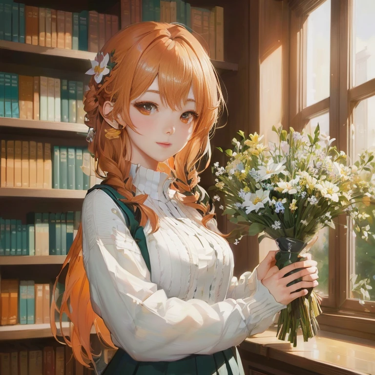 anime girl holding a bouquet of flowers in front of a window, painted in anime painter studio, with flowers, guweiz on pixiv artstation, digital anime illustration, marin kitagawa fanart, rin, guweiz on artstation pixiv, beautiful anime portrait, made with anime painter studio, detailed digital anime art, cute anime girl portrait, render of april