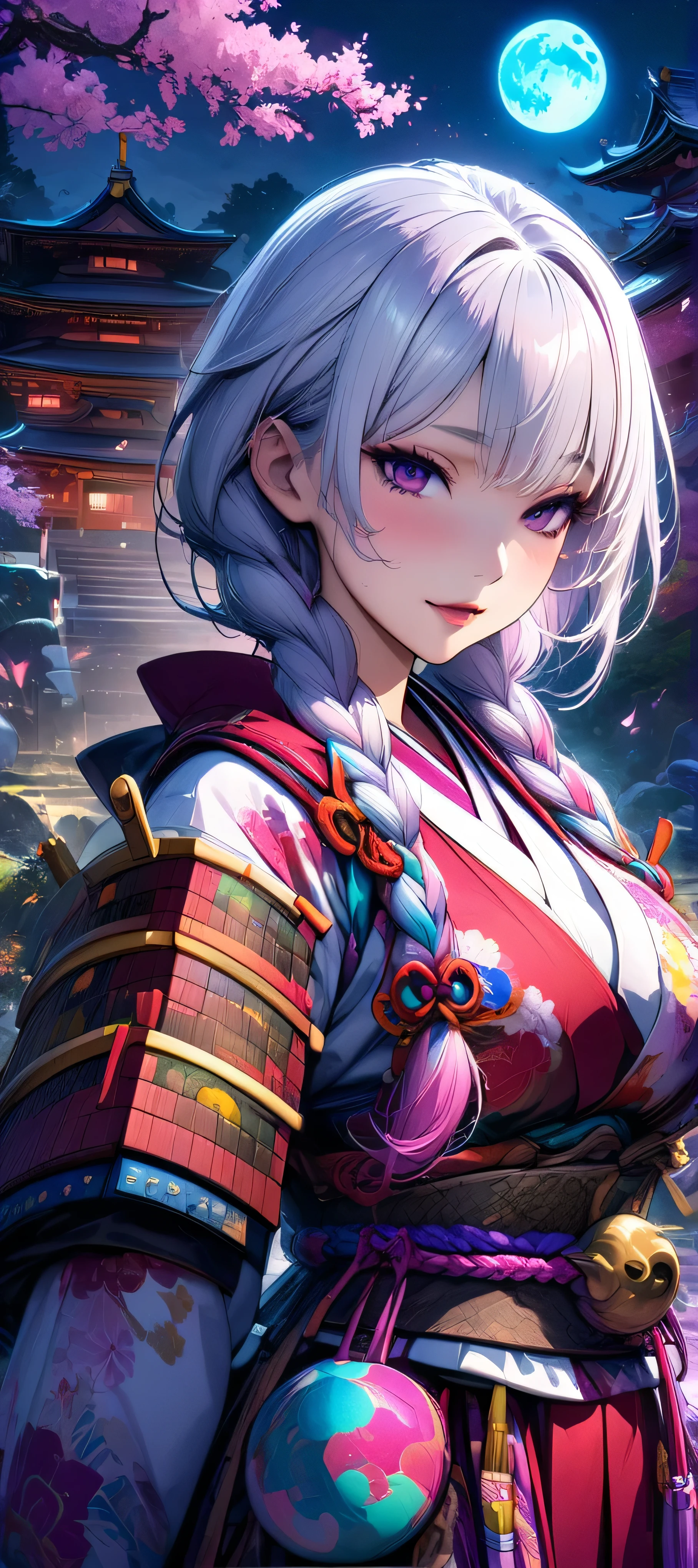 (masutepiece, of the highest quality, Best Quality, Official art, Beautiful and aesthetic:1.2), Extremely detailed,(Colorful:1.1),highest details, one arafed woman with braids white hair and pink tips and purple eyes, big breast, sfw, japanese armor, night, big blue moon, japanese temple
