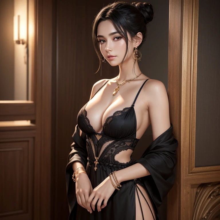 1beautiful European girl, , black hair, hair bun,bracelet, breasts, cleavage, earrings, jewelry, medium breasts, long __COLOR__ dress, solo, (extremely detailed CG unity 8k wallpaper), high detail