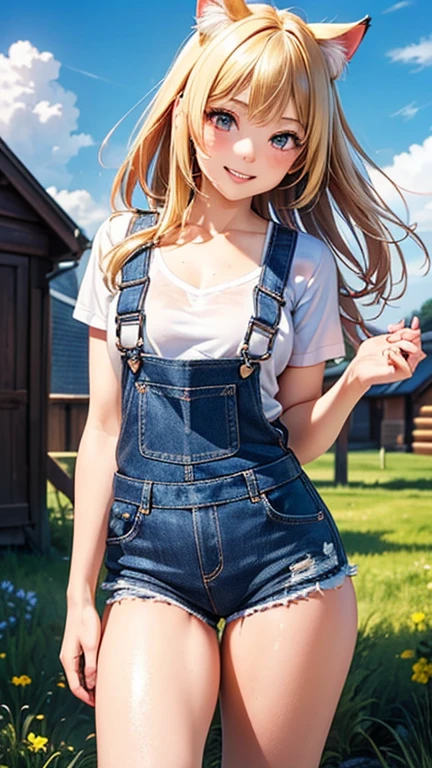 A girl is posing for a photo, cute女の子, Enchanting girl, 

(Blonde, asymmetrical hair, floating hair), (Red eyes), 
(Shiny Blue Overalls:1.2、Shorts、White T-shirt:1.4、sneakers, kemonomimi mode, covering ears, Cat ears, Cat&#39;s tail)、thick black choker、Red Gem Earrings、Gold Necklace、Gold Bracelet、

(((highest quality)), ((masterpiece)), (Very detailed), (High resolution), (Beautiful detailed sparkle), (High detail), (Anatomically correct)), ((Realistic)), ((The best CG)), Ultra-detailed art, CG illustration, 16k, 1080P, Oil paints:1.2,   

(((One Woman))), 
(Symmetrical facial features, Perfect Face), Beautiful clavicle, (Beautiful fingers), (Beautiful breasts, (Ｃcup)), 
Beautiful body, Beautiful thighs, Beautiful feet, Perfect round butt, (((Detailed skin, Oily skin, Textured skin, Beautiful Skin))), 

(((, cute, 16 s old) eyes, Expression of fine eyes, Beautiful and delicate eyes, Sparkling eyes, Eye Reflexes), 
(Beautiful Nose,Thin Nose), 
(Glossy Lips, Beautiful Lips, thick lips), 

(Beautiful Hair, Shiny Hair, Shiny Hair), Hair fluttering), 

(smiley, laughing, blush),  
BREAK 

(noon、(Vast grassland, Log house)), ((Standing under the blue sky, Upward glance, Cowboy Shot))
