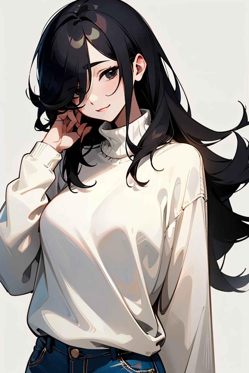 score_9, score_8_up, score_7_up, Middle-aged woman, milf, mature woman, black eyes, long black hair, hair over one eye, white sweater ,Skinny jeans