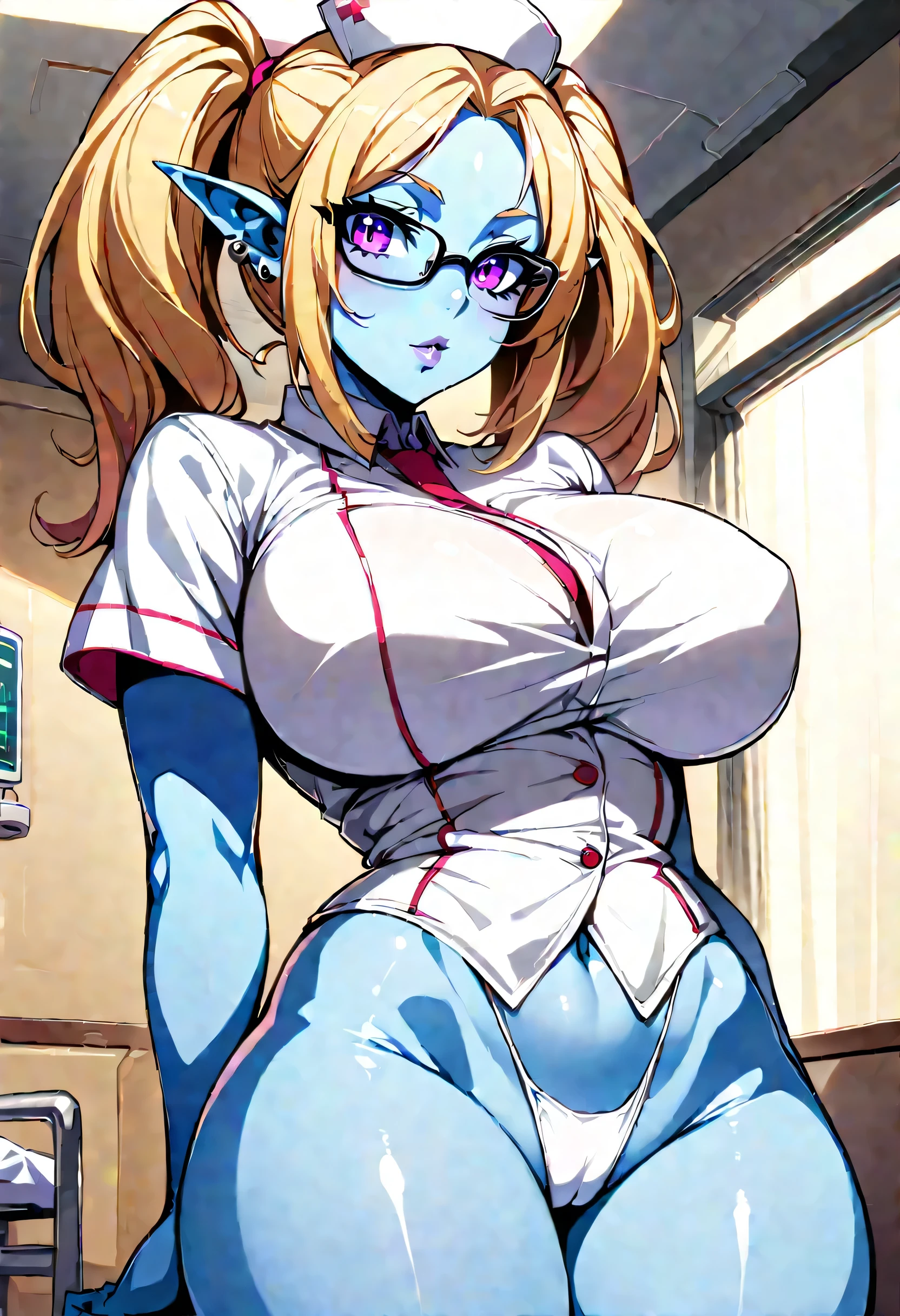 (best quality:1.2),(1 woman), PoppyLoLXL,yordle,big ears,full body view,((colored skin,light blue skin:1.4)), (sexiest white nurse uniform:1.4),thong,(glasses),(open buttons),blonde hair, twintails,detailed violet eyes,perfect manicure, big breasts, big ass,errected ,piercings, ((anatomically correct)), (slim muscular legs),slim waist, beautiful detailed eyes, beautiful detailed big lips, extremely detailed eyes and face, long eyelashes, ultra-detailed, professional lighting,luxury hospital,private medical room,caring for viewer, early morning, sunlight streaming through the windows, the atmosphere serene and leisurely