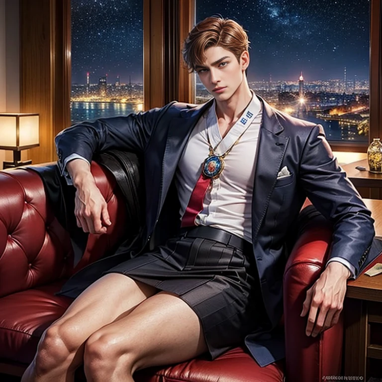 a handsome korean 1 male。age 20s。charisma。hardworking and talented businessman。Bright and sharp eyes。Lustrous chestnut hair。elegant demeanor。 sitting comfortably on a big sofa。The night view of Istanbul spreads out from the large windows, like the sparkle of a jewel.Adult atmosphere。masterpiece。ultra-quality。The ultra -The high-definition。Super beautiful。Detailed and elaborate。