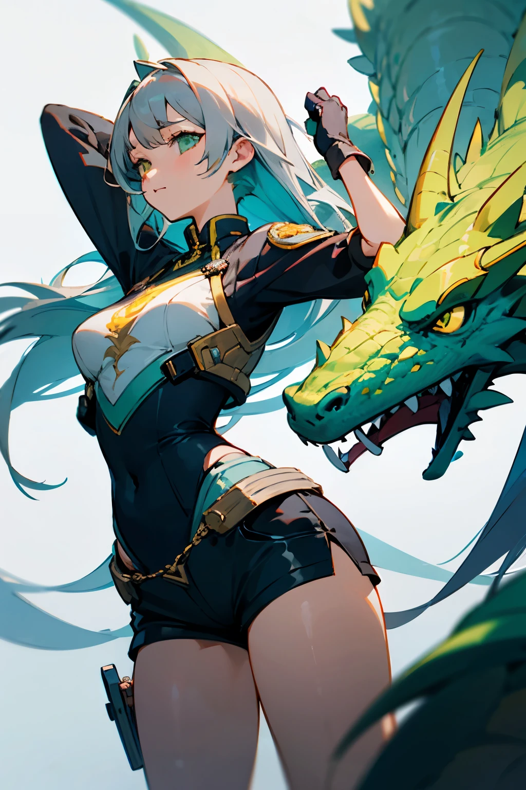 Girl with dragon motif、Hero Costumes、Shorts、Thick、beautiful、Gray hair straight long、White base、White and black and green and yellow and light blue、technology、technologyを使用したような服装、Cool gloves、Great arms