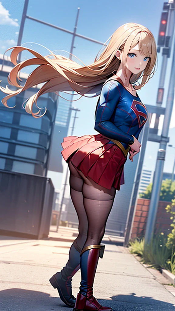 (full body),Low - Angle，Downから，Down，Big  Girl, Medium , Pose in front,upright，3D Rendering,( Supergirl)，Blonde，Long Hair，Blue eyes，Red Skirt，the skirt is short,，A blue leotard is visible under the skirt.，The skirt is blown up by the wind，