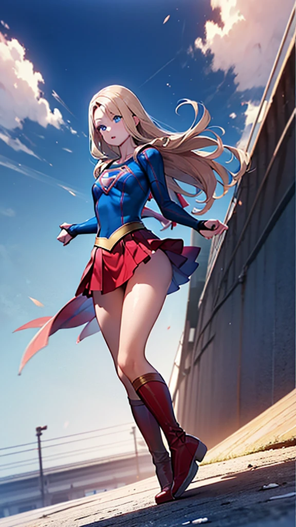 (full body),Low - Angle,Downから,Down,Big Butt Girl, Medium chest, Pose in front,upright,3D Rendering,( Supergirl),Blonde,Long Hair,Blue eyes,Red Skirt,the skirt is short,,A blue leotard is visible under the skirt.,The skirt is blown up by the wind,