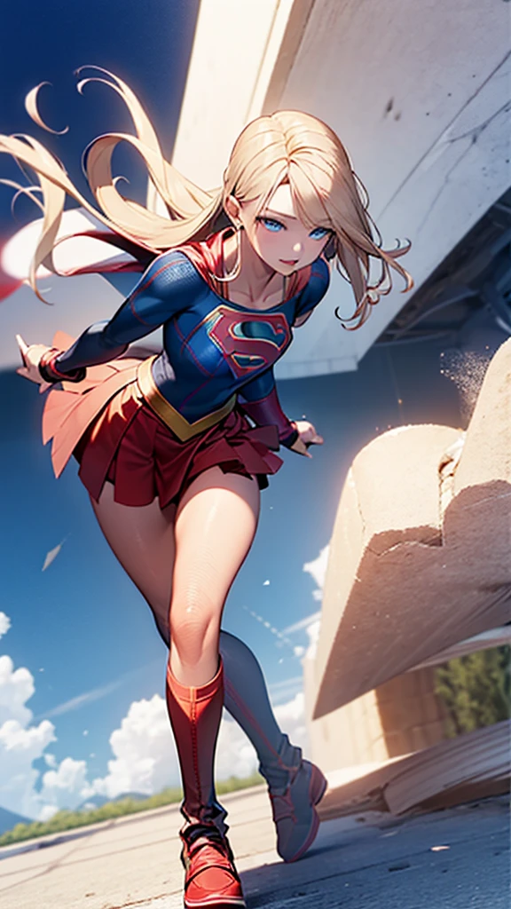 (full body),Low - Angle,Downから,Down,Big Butt Girl, Medium chest, Pose in front,upright,3D Rendering,( Supergirl),Blonde,Long Hair,Blue eyes,Red Skirt,the skirt is short,,A blue leotard is visible under the skirt.,The skirt is blown up by the wind,