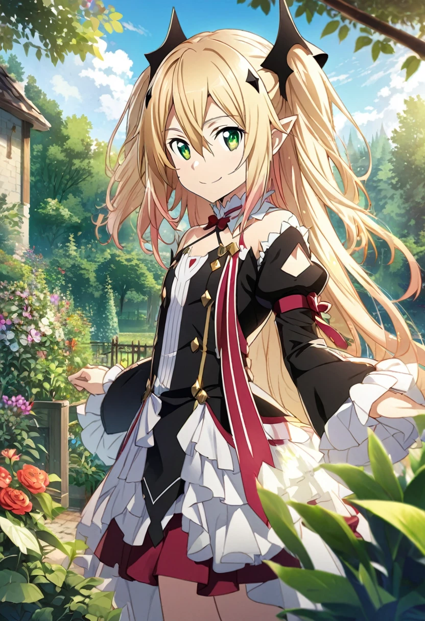 Krul Tepes \(Sword Art Online\), short yellow gold hair, forest green eyes:1.2, heroic costume, bangs, smiling happily, ((ultra-detailed)), ((illustration)), ((disheveled hair)), (beautiful detailed eyes), male, 1boy, standing, ((garden, day, sky)), looking at viewer