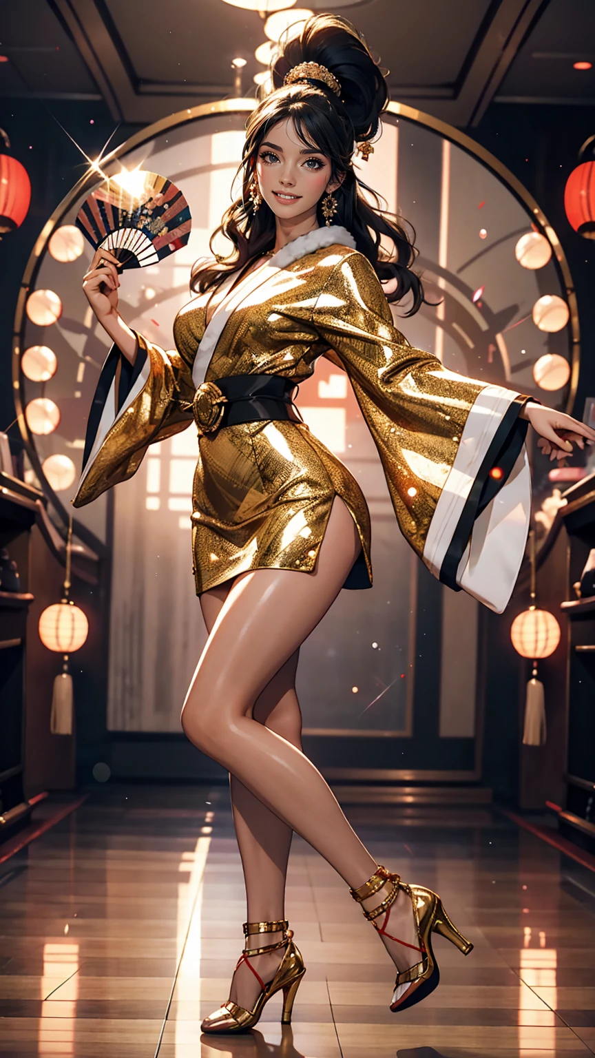 24 year old Japanese woman、Bodycon style from the 1990s bubble era、Dancing happily at the disco、Straight long hair、A mirror ball shines overhead、smile、erotic、Wearing high heels、Holding a fan with fake fur