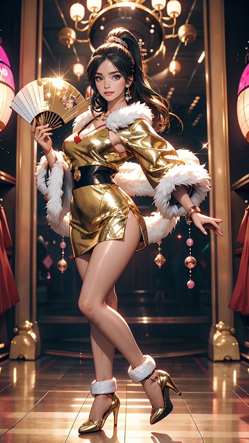 24 year old Japanese woman、Bodycon style from the 1990s bubble era、Dancing happily at the disco、Straight long hair、A mirror ball shines overhead、smile、erotic、Wearing high heels、Holding a fan with fake fur