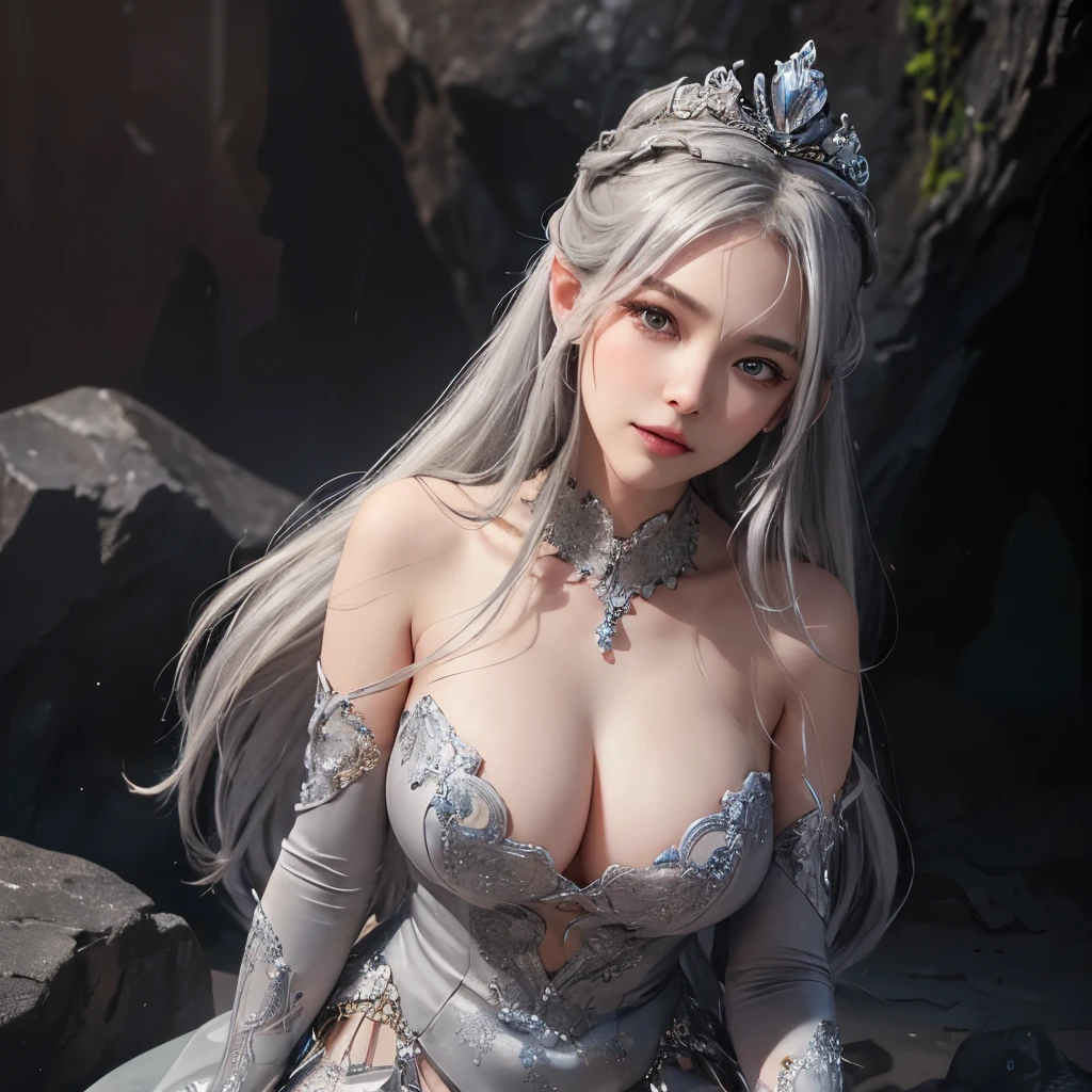 Girl, silver and gray dress, topless, gray hair, tiara, glove, chokes, gray long sleeves, ear wear, detailed hand, oval face, detailed face, parted smile lips, picture form top to knee, sexy standing pose, large breasts, look at camera, camera from below, detailed, dark cave background, photorealistic, best quality