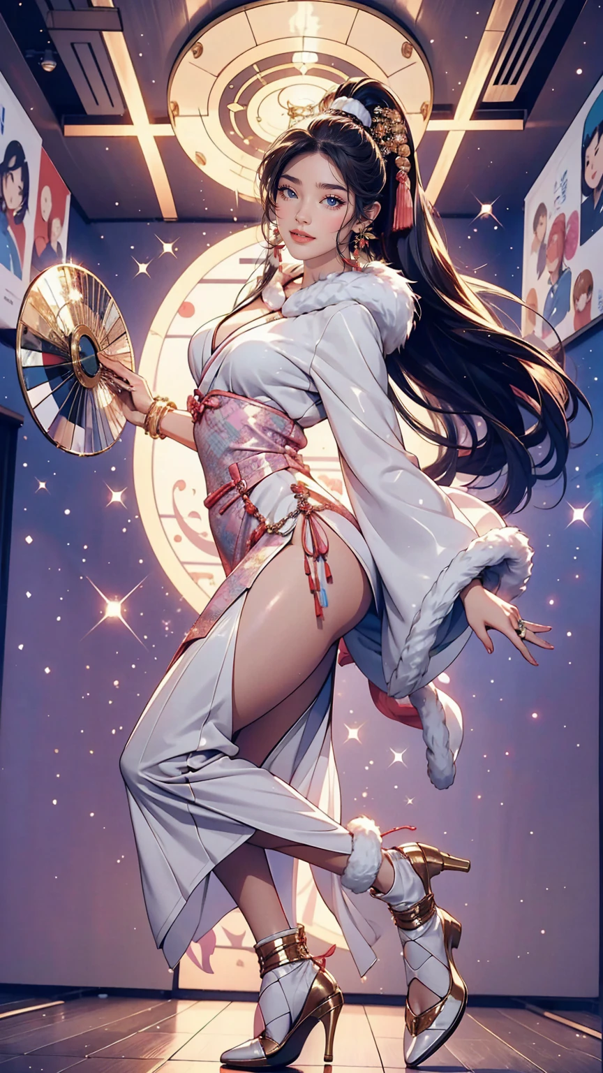 24 year old Japanese woman、Bodycon style from the 1990s bubble era、Dancing happily at the disco、Straight long hair、A mirror ball shines overhead、smile、erotic、Wearing high heels、Holding a fan with fake fur