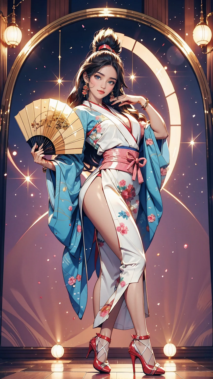 24 year old Japanese woman、Bodycon style from the 1990s bubble era、Dancing happily at the disco、Straight long hair、A mirror ball shines overhead、smile、erotic、Wearing high heels、Holding a fan with fake fur