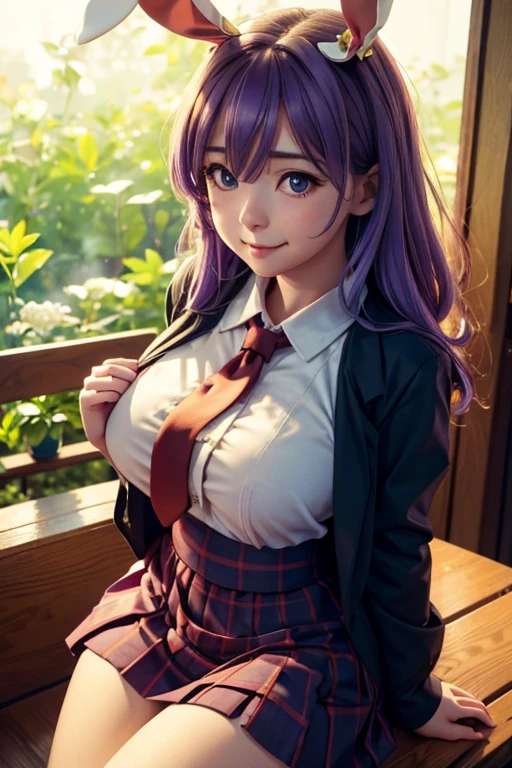 sit in Sauna room , steam , waistband of skirt is at the point above chest , plaid skirt , pleated skirt , Tight shirt , white Shirt , school girl , skirt under breasts , skirt is near breasts area , skirt is adjacent to the chest , (masterpiece, best quality, hires, high resolution:1.2, 4k, 8k , high quality), extremely detailed, realistic, intricate details, highres, 1girl, solo, (large breasts, thick thighs, wide hips), arched back,(cinematic lighting, sunlight, perfect lighting, backlighting), eye-level shot, extreme close-up-shot, looking at viewer, , green skirt nakano_yotsuba_ecsta, blue eyes, orange hair, hair ribbon, nakano yotsuba, short hair, green ribbon, hair between eyes , big breasts , big tits , masterpiece, best quality, 1girl,smile,reisen udongein inaba, purple hair,very long hair, rabbit ears, red eyes,black jacket,pink skirt,necktie,