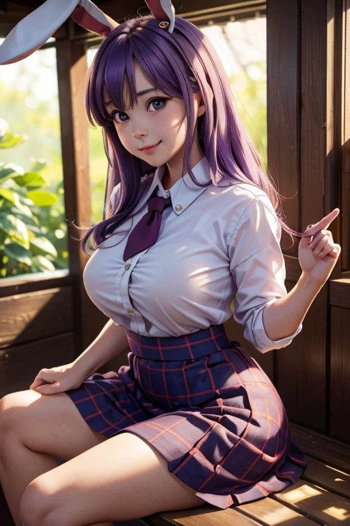 sit in Sauna room , steam , waistband of skirt is at the point above chest , plaid skirt , pleated skirt , Tight shirt , white Shirt , school girl , skirt under breasts , skirt is near breasts area , skirt is adjacent to the chest , (masterpiece, best quality, hires, high resolution:1.2, 4k, 8k , high quality), extremely detailed, realistic, intricate details, highres, 1girl, solo, (large breasts, thick thighs, wide hips), arched back,(cinematic lighting, sunlight, perfect lighting, backlighting), eye-level shot, extreme close-up-shot, looking at viewer, , green skirt nakano_yotsuba_ecsta, blue eyes, orange hair, hair ribbon, nakano yotsuba, short hair, green ribbon, hair between eyes , big breasts , big tits , masterpiece, best quality, 1girl,smile,reisen udongein inaba, purple hair,very long hair, rabbit ears, red eyes,black jacket,pink skirt,necktie,