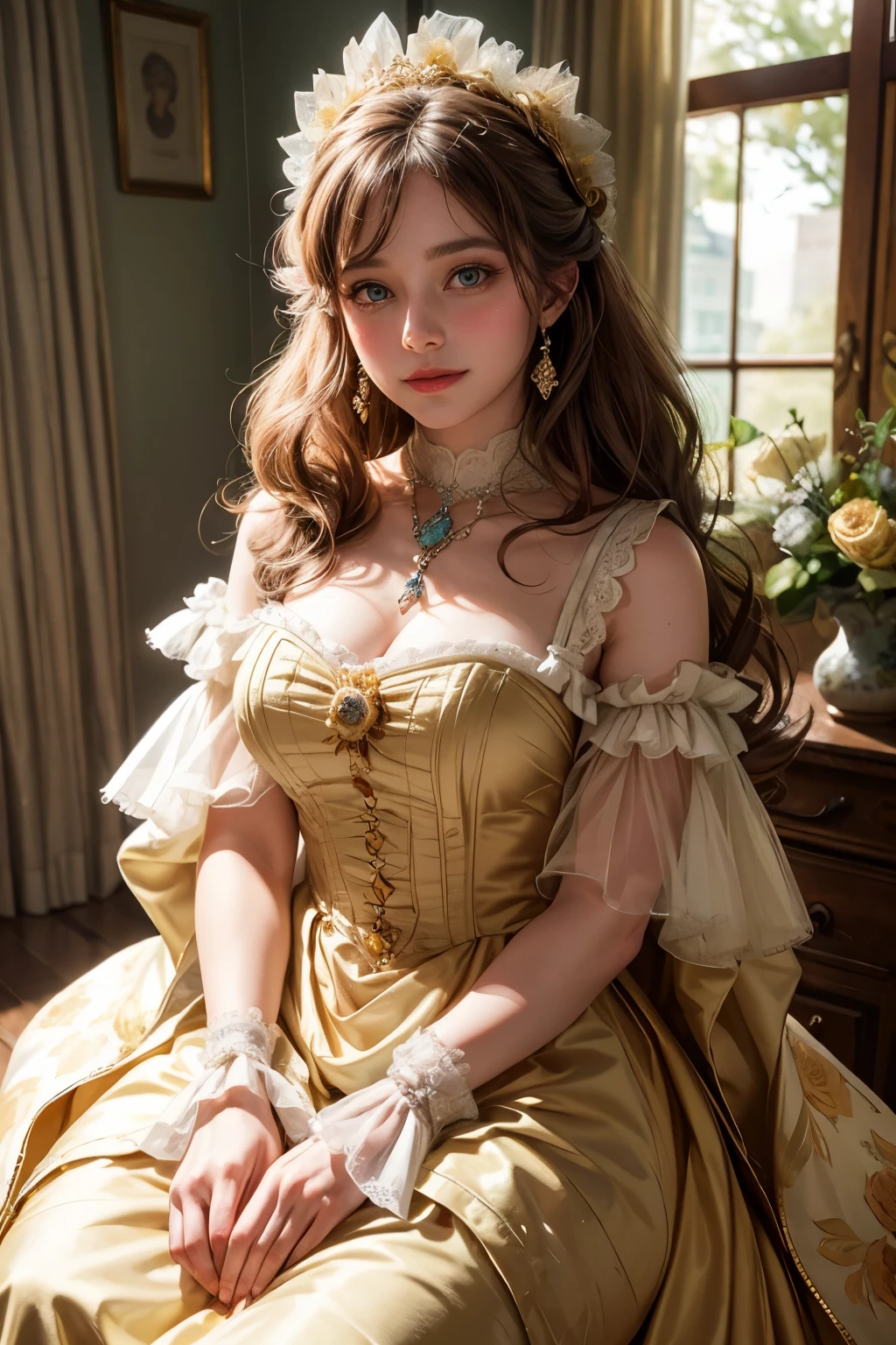 (1800 era, USA), (Year 1800, USA: 1.2), (Exquisite Detail: 1.2), She's the sweetest little diminutive vision of the South, Her eyes are as radiant and sparkling as precious diamonds, gleaming like morning dew.
You may sing about your Clementine or laud Rosa Lee,
But the Yellow Rose of Texas is the one I long to see.
Her dress, an elegant shade of whiskey, reminiscent of the South's golden history,
Her hair, adorned with ribbons like the rays of the setting sun,
Her smile, genuine