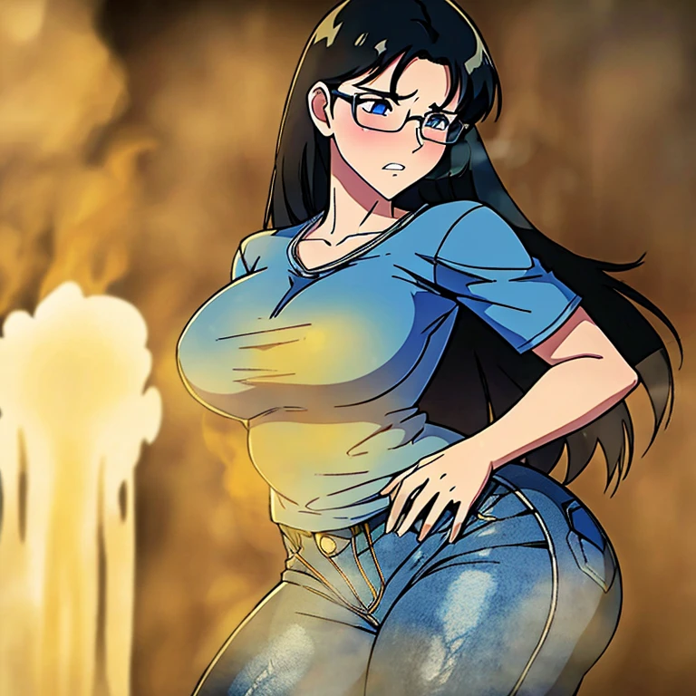 (best quality:1.4),masterpiece,ultra-detailed,delicate features,delicate skin,realism,beautiful lighting,1girl,black hair ,blues eyes ,tareme,long hair,gleaming skin,glasses, oversized tshirt, blue jeans, massive fart, yellow smoke rising, blush, clenching teeth