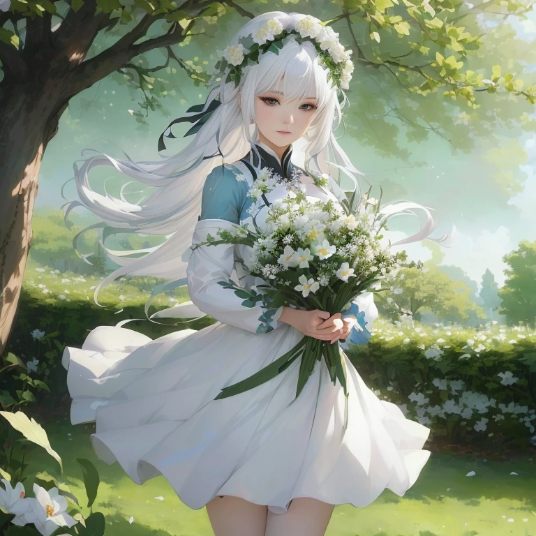 anime girl with white hair and white dress holding a bouquet of flowers, girl with white hair, white haired deity, guweiz on pixiv artstation, guweiz, perfect white haired girl, in dress, guweiz on artstation pixiv, white haired lady, white dress!! of silver hair, white haired, shikamimi