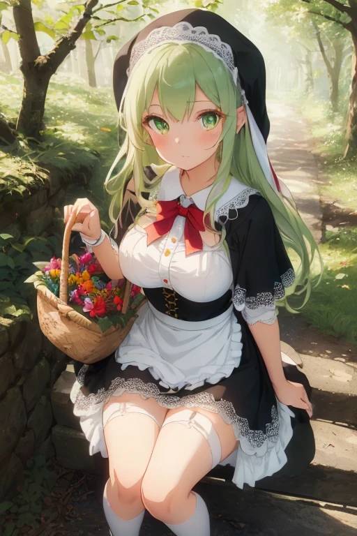 (Girl), (anime),(Full body portrait),(solo portrait), (young), (pretty), (hot), (white), (height 1.72 cm), (long green hair and green eyes), (21 years old), (super body mature),(with gigantic breasts with a bust size of 350cm),(big ass),(wearing),+,(A long, flowing cape made of vibrant red fabric that covers your shoulders and falls to your knees. - The hood is large and cozy, perfectly fitted to cover your head and protect from the cold and rain. - The cape is tied at the front with an elegant red satin ribbon bow, adding a delicate touch to the look.e - A simple and modest dress, usually in white or pastel tones, with a fitted bodice that highlights the young woman's silhouette. - The bodice can have embroidered or lace details, with front buttons or a decorative bow. - The skirt of the dress is very short above the thighs, allowing easy movement. - The sleeves of the dress are puffed and end with elastic or lace cuffs.**Apron:** - A white apron, clean and well ironed, tied at the waist with ribbons that fit into a bow at the back and the dress has no straps. - The apron has large, practical pockets where Little Red can carry small items, such as flowers or cookies. **Shoes:** - Brown or black leather shoes, robust and comfortable, ideal for walking in the forest. - They can be adorned with small buckles or bows, matching the rustic style of the outfit.**Socks:** - White cotton socks that rise below the knees, held in place by discreet garters. - Socks are thick enough to offer protection from the elements of the forest.**Accessories:** - A wicker basket, decorated with a small embroidered towel, where she carries treats and gifts for her grandmother. - The basket can contain details such as wild flowers or fresh fruit, reinforcing the bucolic theme of the tale.)