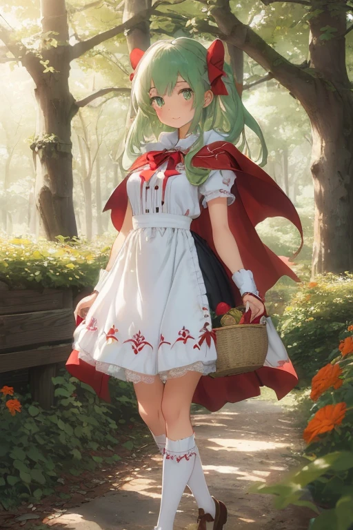 (Girl), (anime),(Full body portrait),(solo portrait), (young), (pretty), (hot), (white), (height 1.72 cm), (long green hair and green eyes), (21 years old), (super body mature),(with gigantic breasts with a bust size of 350cm),(big ass),(wearing),+,(A long, flowing cape made of vibrant red fabric that covers your shoulders and falls to your knees. - The hood is large and cozy, perfectly fitted to cover your head and protect from the cold and rain. - The cape is tied at the front with an elegant red satin ribbon bow, adding a delicate touch to the look.e - A simple and modest dress, usually in white or pastel tones, with a fitted bodice that highlights the young woman's silhouette. - The bodice can have embroidered or lace details, with front buttons or a decorative bow. - The skirt of the dress is very short above the thighs, allowing easy movement. - The sleeves of the dress are puffed and end with elastic or lace cuffs.**Apron:** - A white apron, clean and well ironed, tied at the waist with ribbons that fit into a bow at the back and the dress has no straps. - The apron has large, practical pockets where Little Red can carry small items, such as flowers or cookies. **Shoes:** - Brown or black leather shoes, robust and comfortable, ideal for walking in the forest. - They can be adorned with small buckles or bows, matching the rustic style of the outfit.**Socks:** - White cotton socks that rise below the knees, held in place by discreet garters. - Socks are thick enough to offer protection from the elements of the forest.**Accessories:** - A wicker basket, decorated with a small embroidered towel, where she carries treats and gifts for her grandmother. - The basket can contain details such as wild flowers or fresh fruit, reinforcing the bucolic theme of the tale.)
