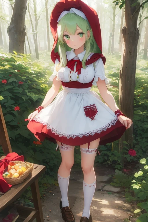 (Girl), (anime),(Full body portrait),(solo portrait), (young), (pretty), (hot), (white), (height 1.72 cm), (long green hair and green eyes), (21 years old), (super body mature),(with gigantic breasts with a bust size of 350cm),(big ass),(wearing),+,(A long, flowing cape made of vibrant red fabric that covers your shoulders and falls to your knees. - The hood is large and cozy, perfectly fitted to cover your head and protect from the cold and rain. - The cape is tied at the front with an elegant red satin ribbon bow, adding a delicate touch to the look.e - A simple and modest dress, usually in white or pastel tones, with a fitted bodice that highlights the young woman's silhouette. - The bodice can have embroidered or lace details, with front buttons or a decorative bow. - The skirt of the dress is very short above the thighs, allowing easy movement. - The sleeves of the dress are puffed and end with elastic or lace cuffs.**Apron:** - A white apron, clean and well ironed, tied at the waist with ribbons that fit into a bow at the back and the dress has no straps. - The apron has large, practical pockets where Little Red can carry small items, such as flowers or cookies. **Shoes:** - Brown or black leather shoes, robust and comfortable, ideal for walking in the forest. - They can be adorned with small buckles or bows, matching the rustic style of the outfit.**Socks:** - White cotton socks that rise below the knees, held in place by discreet garters. - Socks are thick enough to offer protection from the elements of the forest.**Accessories:** - A wicker basket, decorated with a small embroidered towel, where she carries treats and gifts for her grandmother. - The basket can contain details such as wild flowers or fresh fruit, reinforcing the bucolic theme of the tale.)