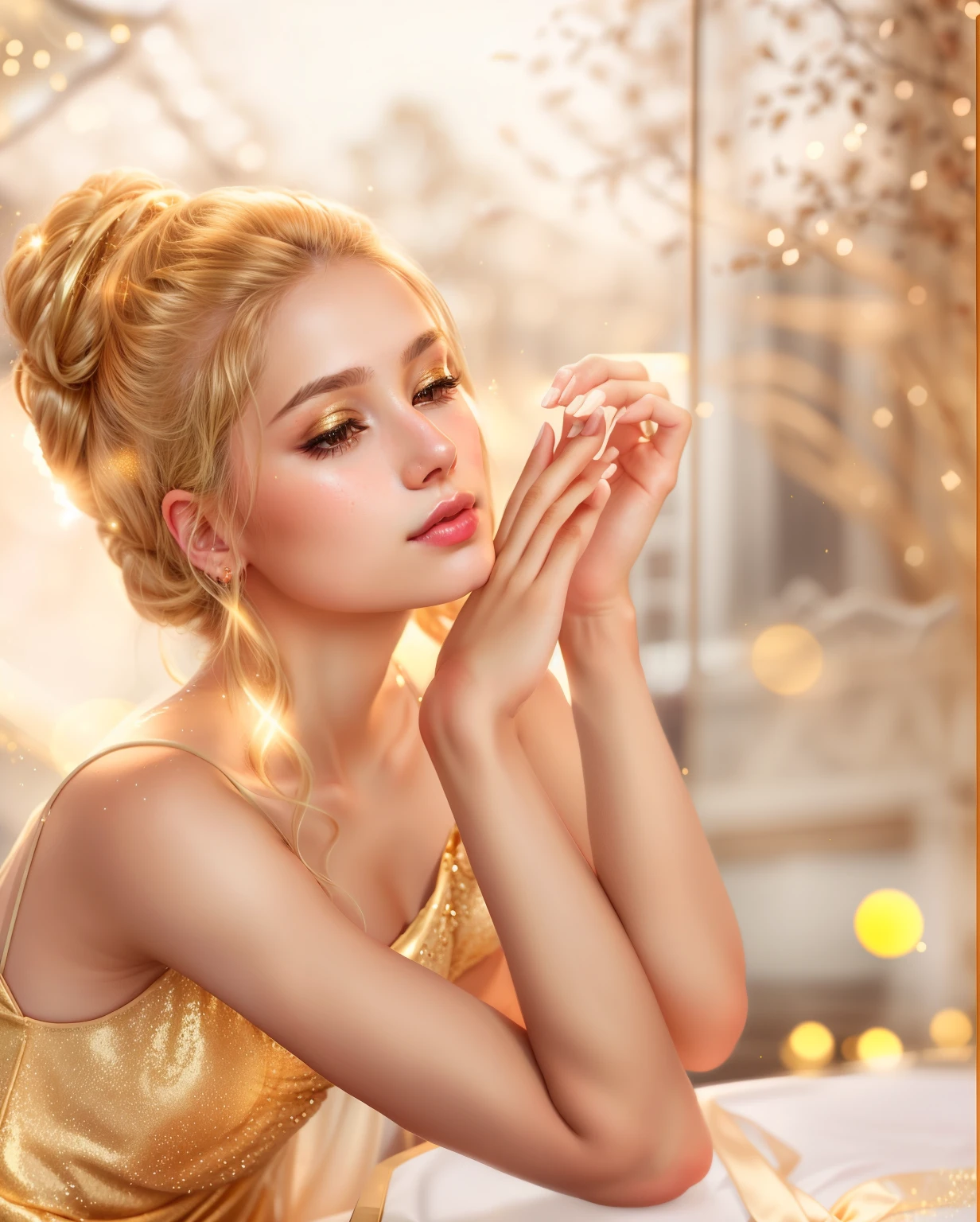 Affiliated woman in a golden dress sits at a table , gorgeous soft lighting, beautifully soft lighting, stunning elegant pose, light makeup with glitter, Beautiful portrait lighting, shiny and soft, cute elegant pose, girl with messy bun hairstyle, Soft golden light,ethereal silver and gold tones, bokeh background , shiny and soft, anna nikonova aka newmilky, Magic light overlays, luminous effect. Feminine