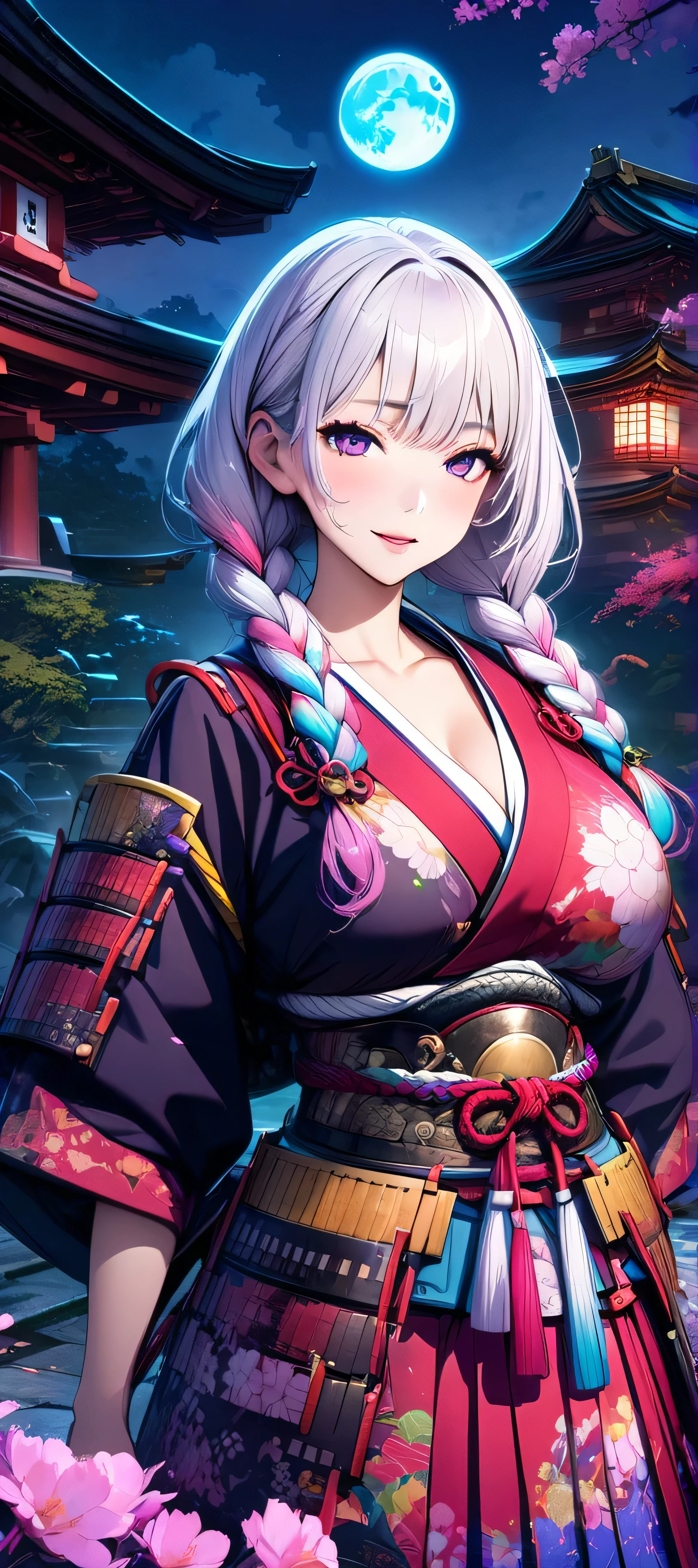 (masutepiece, of the highest quality, Best Quality, Official art, Beautiful and aesthetic:1.2), Extremely detailed,(Colorful:1.1),highest details, one arafed woman with braids white hair and pink tips and purple eyes, big breast, sfw, japanese armor, night, big blue moon, japanese temple