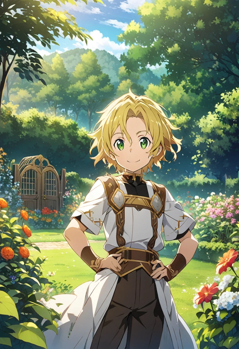 Sawada Tsunayoshi \(Sword Art Online\), short yellow gold hair, forest green eyes:1.2, heroic costume, bangs, smiling happily, ((ultra-detailed)), ((illustration)), ((disheveled hair)), (beautiful detailed eyes), male, 1boy, standing, ((garden, day, sky)), looking at viewer