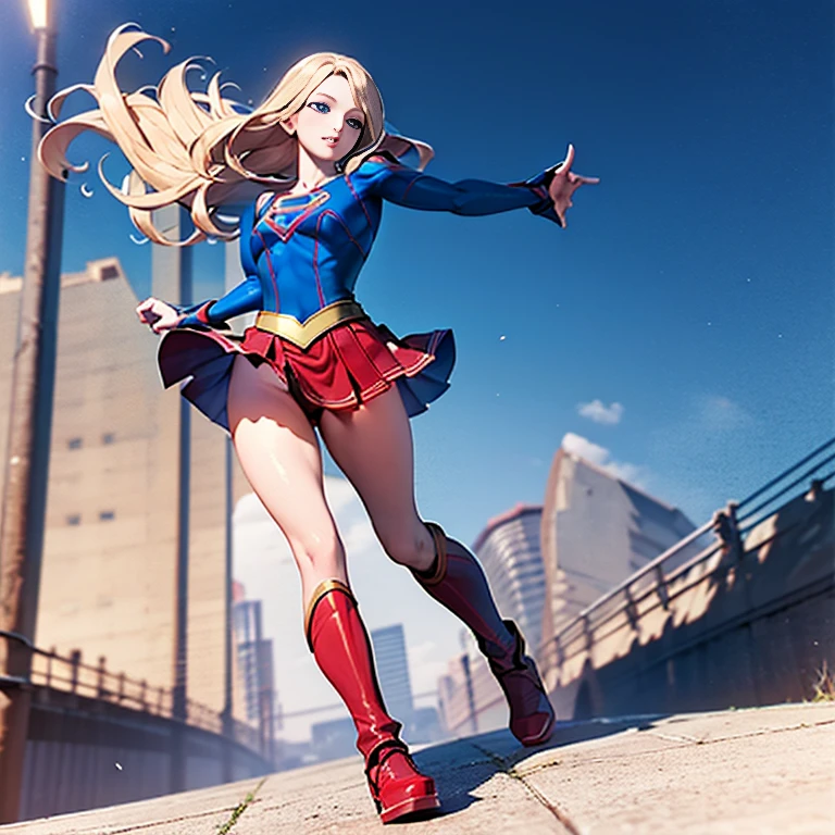 (full body),Low - Angle，From below，Big Butt Girl, Medium chest, Pose in front,upright，3D Rendering,( Supergirl)，Blonde，Long Hair，Blue eyes，Red Skirt，the skirt is short,，A blue leotard is visible under the skirt.，The skirt is blown up by the wind，