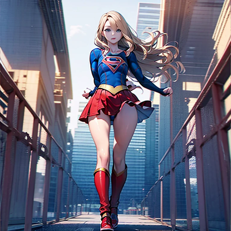 (full body),Low - Angle，From below，Big Butt Girl, Medium chest, Pose in front,upright，3D Rendering,( Supergirl)，Blonde，Long Hair，Blue eyes，Red Skirt，the skirt is short,，A blue leotard is visible under the skirt.，The skirt is blown up by the wind，